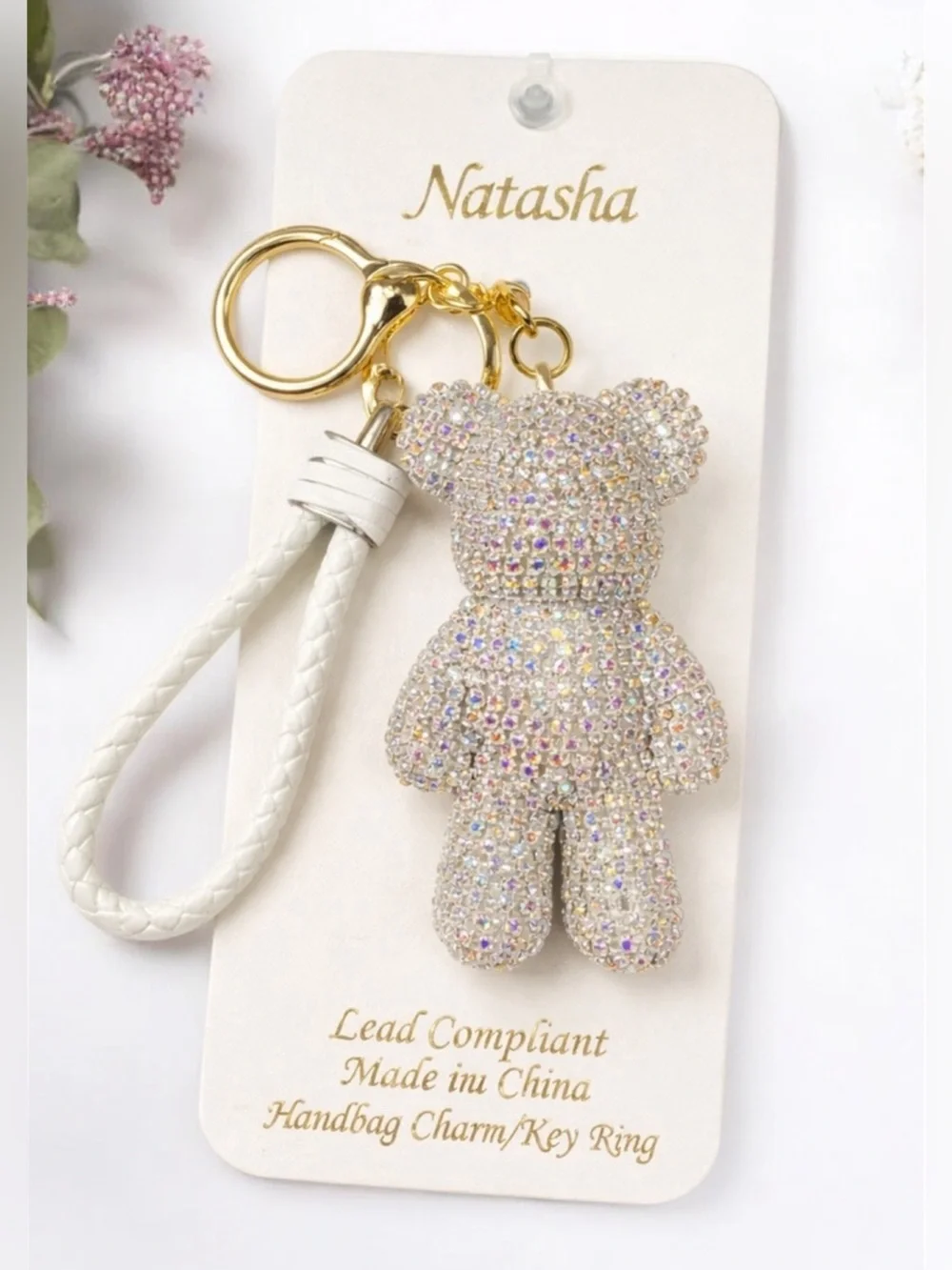 Natasha Couture Crystal Bear Keychain Charm in White